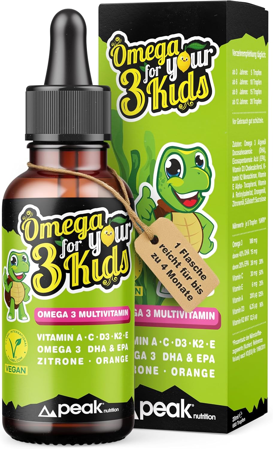 OMEGA 3 for your KIDS - Multivitamin Tropfen für Kinder mit Omega 3 DHA + EPA sowie Vitamin A, C, D3, K2 und E mit Zitrone-Orangengeschmack, vegan, 20ml (ca. 4-Monats-Vorrat) 